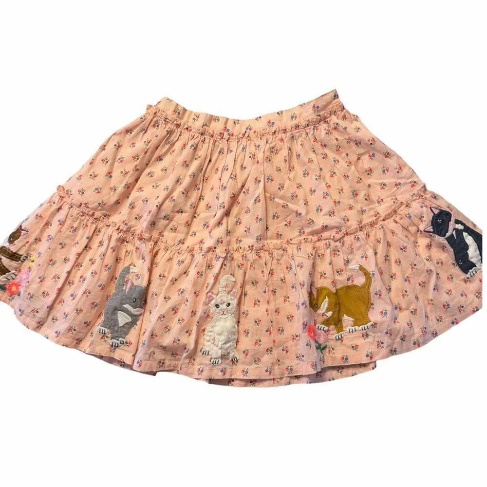 Mini Boden 8-9 Year Pink Floral Lined Skirt Kitten Appliqués